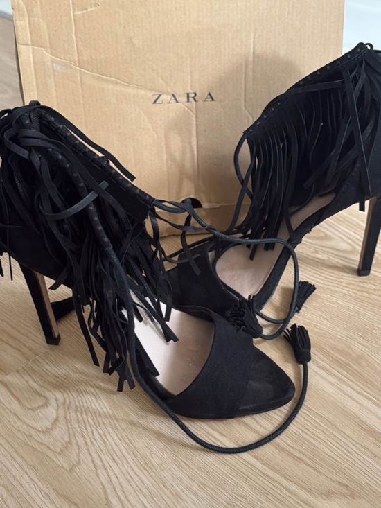 Zara Shoes - Zara Black Suede Fringe Lace-Up Stiletto Heels